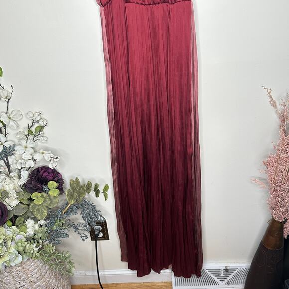 MASSIMO DUTTI Satin Pleated Colorblock Maxi Dress Maroon Red Pink Sz S {3O28} - Picture 3 of 7